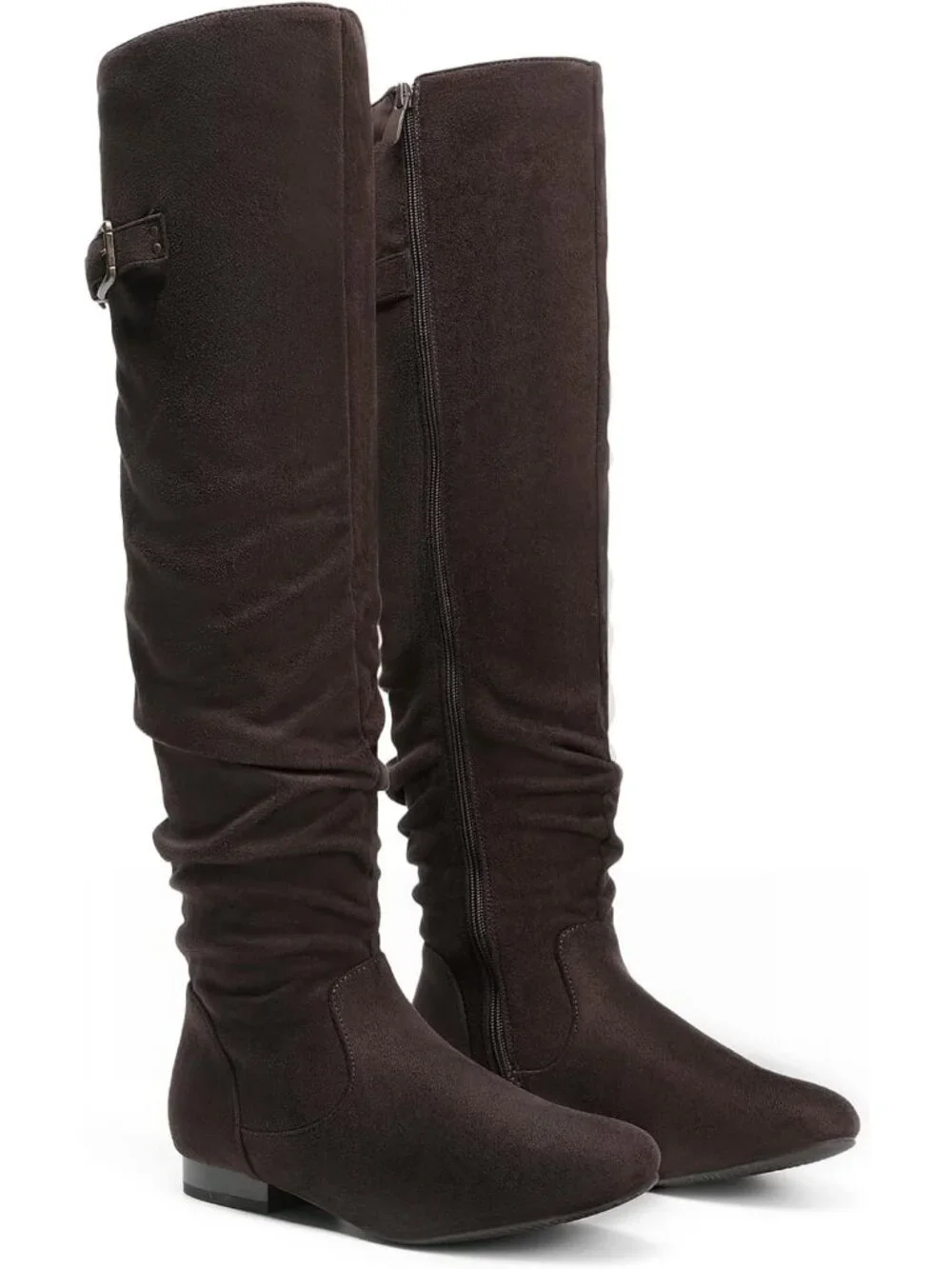 Women's Brown Flat Heel Pointed Toe Slouch Over The Knee Thigh High Boots